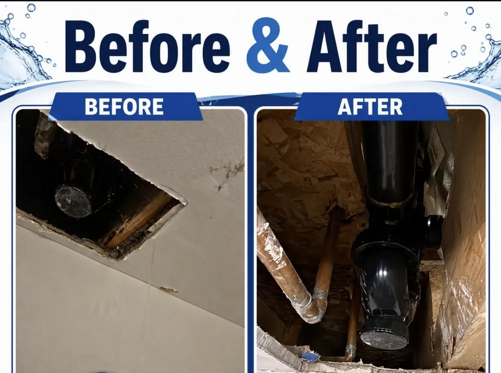 Before and after photos of a ceiling access opening with the plumbing exposed
